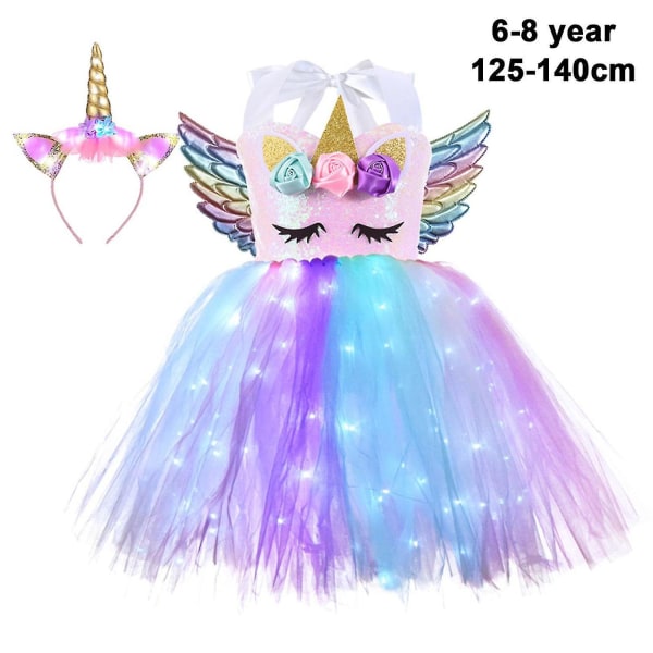 Jenter Unicorn Costume Led Light Up Unicorn Princess Dress Bursdagsfestantrekk