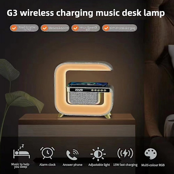 Trådlös Laddningslampa, 7 Färgväxlande Bluetooth-högtalare Väckarklocka med Ljus, RGB Bordlampa med Bluetooth-högtalare