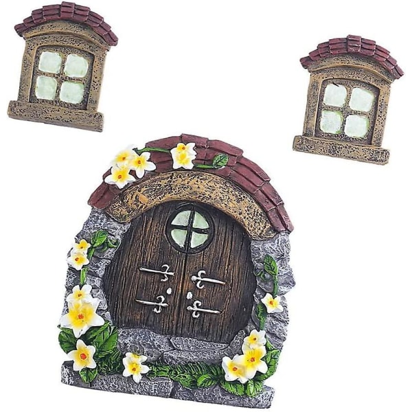 Fe-Dør og Vinduer Træ Dekorationer Gløder I Mørke Udendørs Have Træ Statuer Miniature Fe