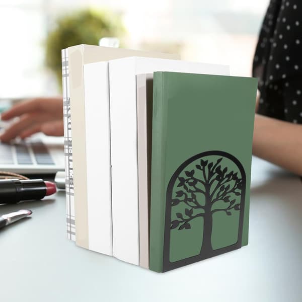 2-pack bokstöd i järn med träddesign, dekorativ bokhylla för studiebord