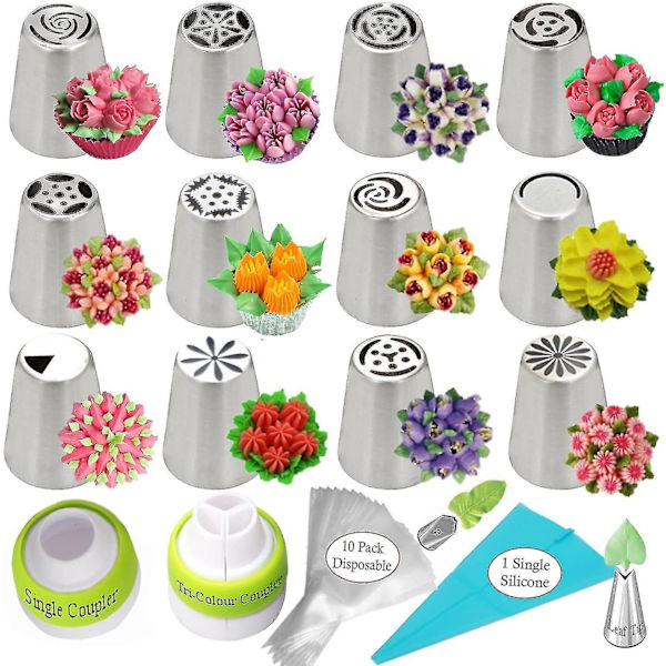 Russisk Sprøytetipssett Kakedekorasjonsutstyrsett Blomsterfrostingtipssett 12 Glasurmunnstykker 2 Koblinger 2 Bladtips 1 Silikonpose 10 Bakevarer-yuhao