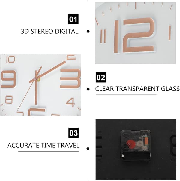 Modern 12 tum vit rund väggklocka med 3D-siffror, lättviktskonstruktion i plast och glas