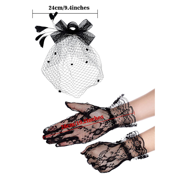 Sløjfe Fascinator Hat Fjer Slør Mesh Pandebånd Og Korte Blonder Handsker Blomster Blonder Handsker