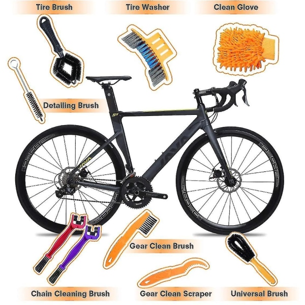 9-delt rengøringsbørste Cykel Professionel cykelbørstesæt Cykelkæderens Rengøringsskrubber Tandhjulsbørste Rengøringshandsker til værktøj (shik)