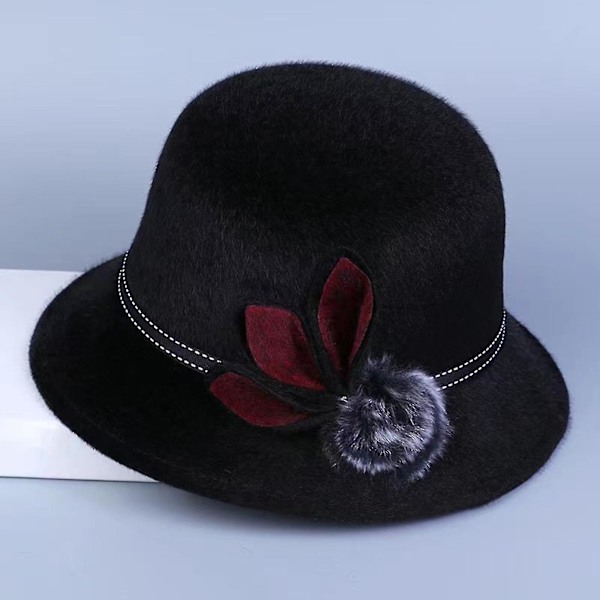 Elegant Damehat med Bred Skygge - Hold Varmen - Ensfarvet - Vinter/Efterår - Kuppelhat med Blomst til Daglig Brug Khaki