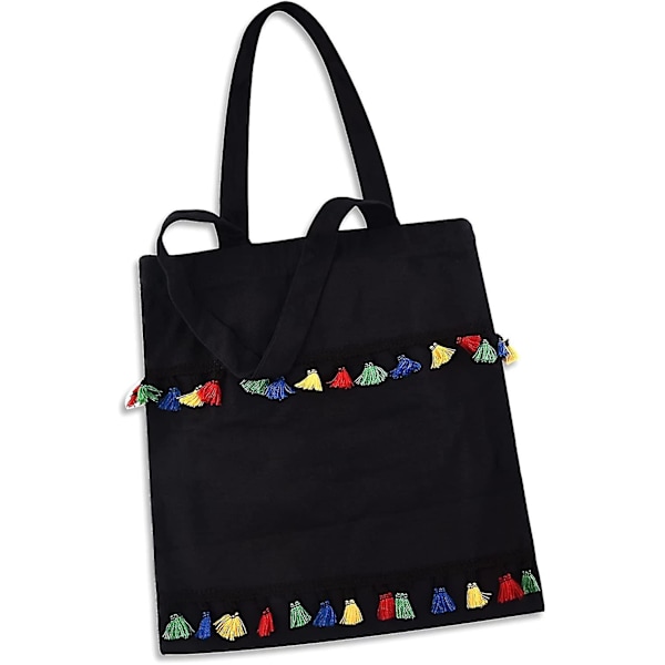 Håndtaske Canvas Tassel Tote Bag Shopping Bag Tote Skuldertaske Tote Damer Piger, Sort