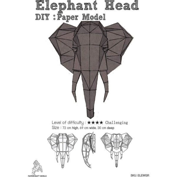 Papercraft vægkunst, elefanthoved (1 stk-grå)