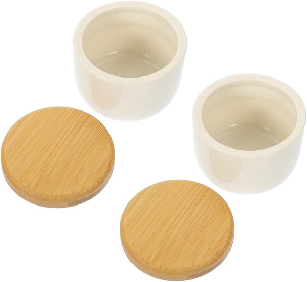 2 stk keramiske tebokser, snackbokser 150 ml hvit bambuslokk multifunksjonell
