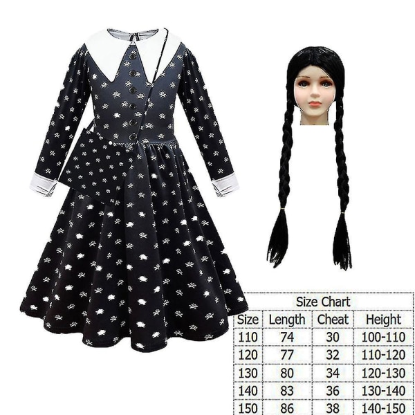 Wednesday Addams -asu, peruukki ja asut lapsille ja tytöille, naamiaisasu 110 DressD with Wigs Bag