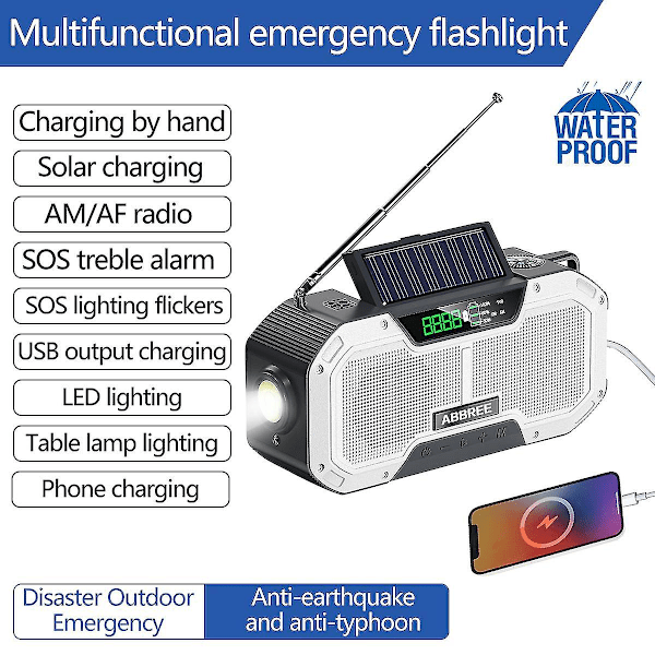 Ipx5 Vandtæt Autoscan Nødradio Solenergi Håndsvingbar Bærbar Am/fm Radio 2000/ Til Udendørs Med Lommelygte White(2000mAh)