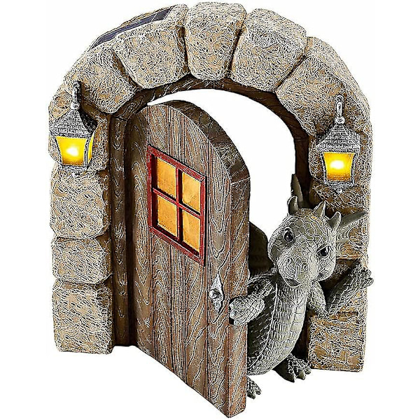 Havefigur af Dinosaur til Haven, Vandfast Harpiks Fee-Dør Statue Ornament