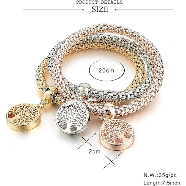 Krystal Charms Multilayer Armbånd - 3 stk. Guld/sølv/rosenguld Kornkæde Gave