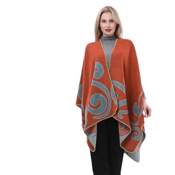 Dameponcho Sjal Reversibel Oversized Poncho Kappe Trykt Teppe Sjal Cardigan coral