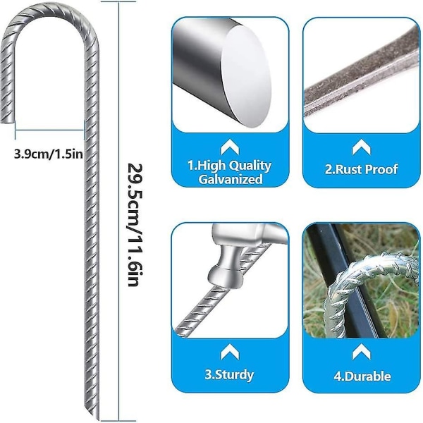 6 stk J-krok teltplugger, jernstang, hageplugger, 30 cm, galvaniserte, tunge teltplugger for camping, telt, gjerde, trampoline, baldakin, sving, 6 stk