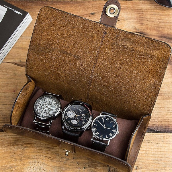 Kontakter 3 Spor Watch Roll Display Oppbevaringsboks,retro Cow Leather Travel Watch Case