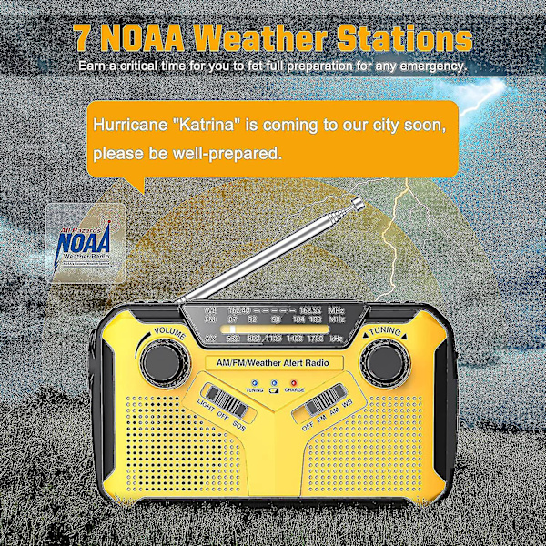Nødradio med håndsveiv, bærbar solcelle, AM/FM NOAA værradio med LED-lommelykt