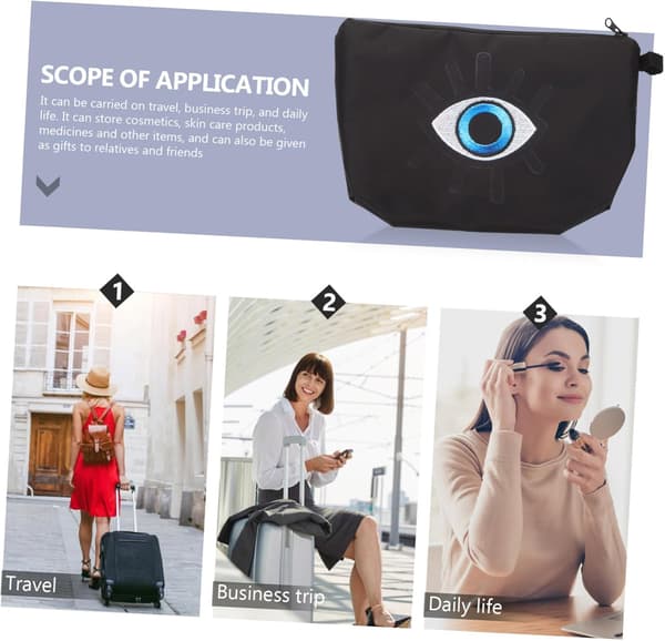 Bærbar Makeup Organizer Taske Evil Eye Print Kosmetiktaske Sort Polyester til Kvinder og Camping Opbevaring