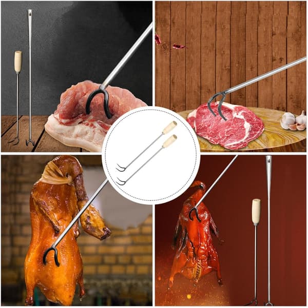 2 stk. kødkroge, skinkekroge, rustfrit stål, træmateriale, lang stil, enkel