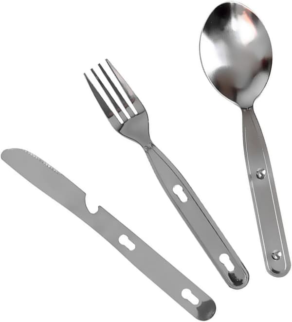 Bärbart campingbestickset i rostfritt stål med slitstark design