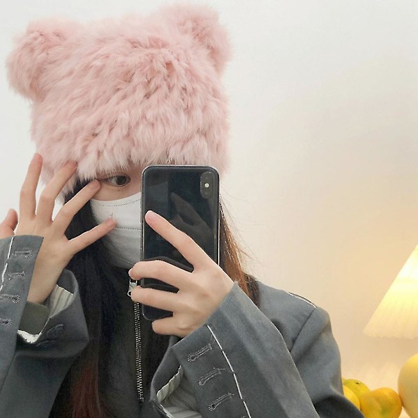Fuskpälsbjörnöronmössa Plyschpandamössa Liten Djävulsmössa Söt Rolig Beanie Black