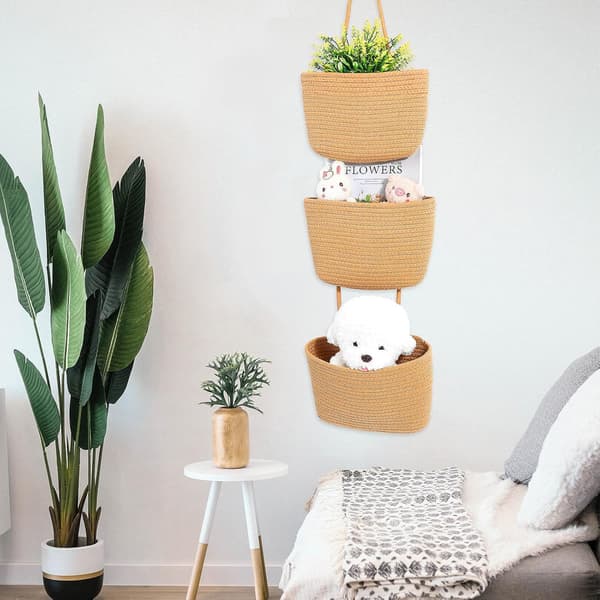 3-vånings hängkorg i bomullsrep, dörrförvaring, brun vävd textur, minimalistisk