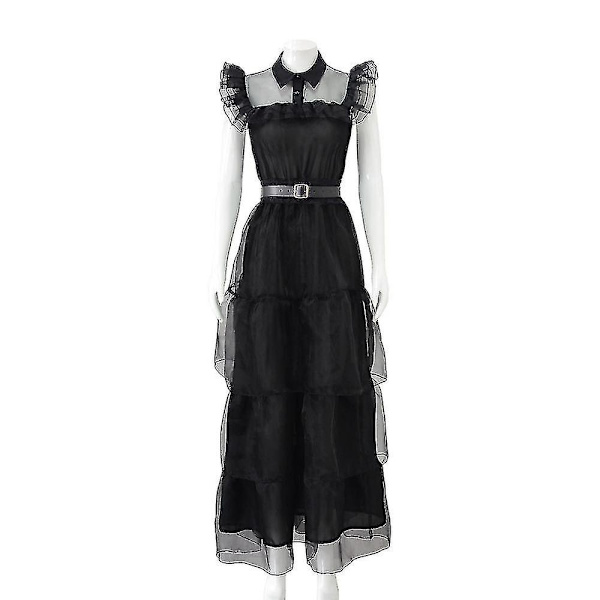 Kvinders Wednesday Addams Kostume Sæt - Gotisk Mesh Kjole XL Without Wig