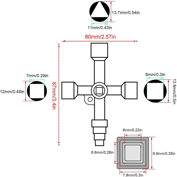 Universal Korsnøkkel, Praktisk 4-veis Multifunksjonsnøkkel, Sølv Skapnøkkel