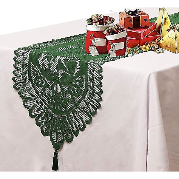 Grønn 13x60'' Høytidsbrodert Bordløper med Blonder og Kvast
