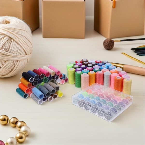111 stk. sysett for maskinquilting, polyesterassortiment, spoleholder og trådsneller