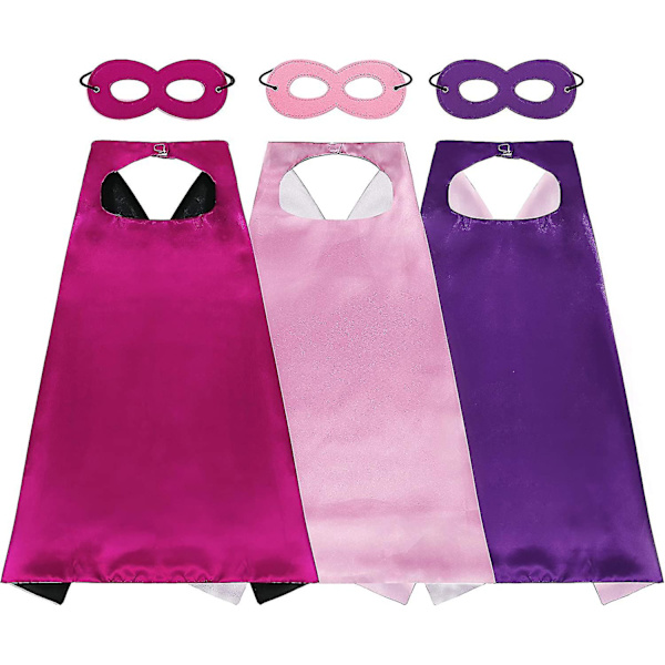 Superheltkappe og maske for barn - Reversibel sateng-kostyme med filtmaske for gutter og jenter - Festdrakt (rosa, lilla) (3-pakning)