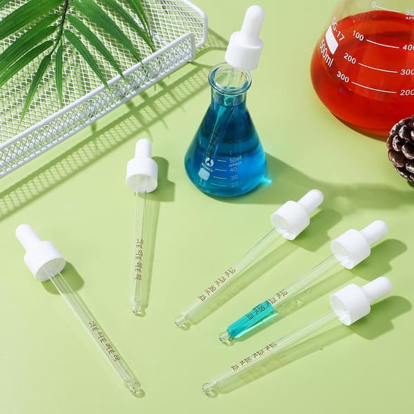6 stk. 100 ml glaspipetter med hvid gummibold, graduerede æteriske oliedråbere