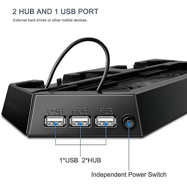 Ventilator Køler, Lodret Stativ Til Ps4, Ventilator Med 3 Usb Hub Opladere, Sort