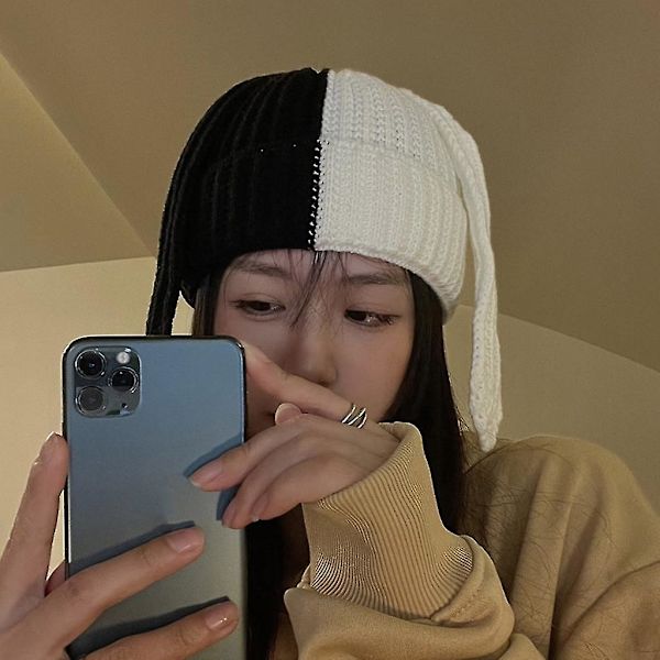 Par Knit Strik Beanie Hat Sød Lang Kaninøre Farvematchende Varmt Hat Blue