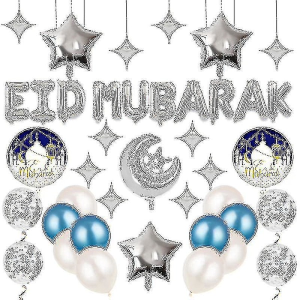 Ramadan Eid Ballongsett - Eid Mubarak Islamsk Tema Festdekorasjon silver
