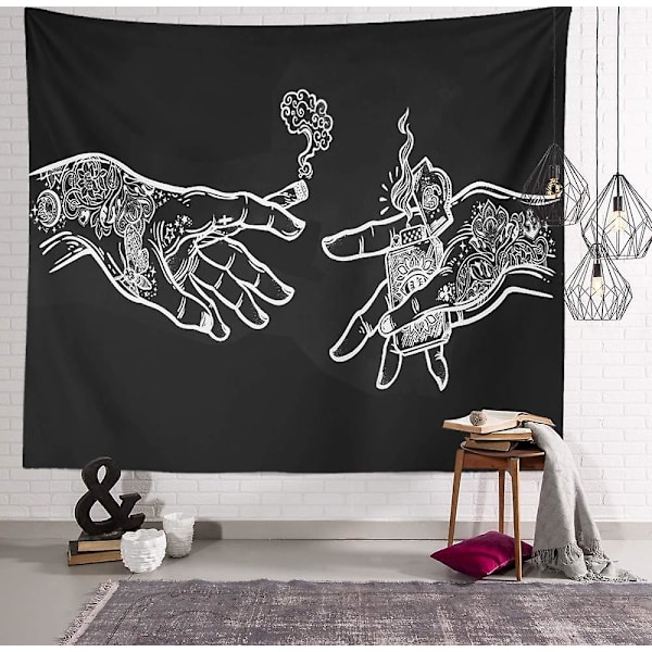 Handgjord Vit och Svart Blommig Väggbonad, Psykedelisk Fantasy Väggbonad