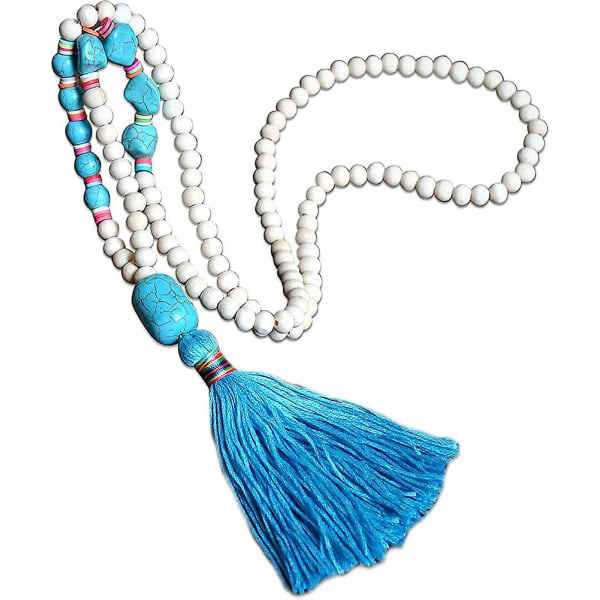 Boho Halsband för Kvinnor, Långt Träpärlhalsband med Turkos Tofs Present