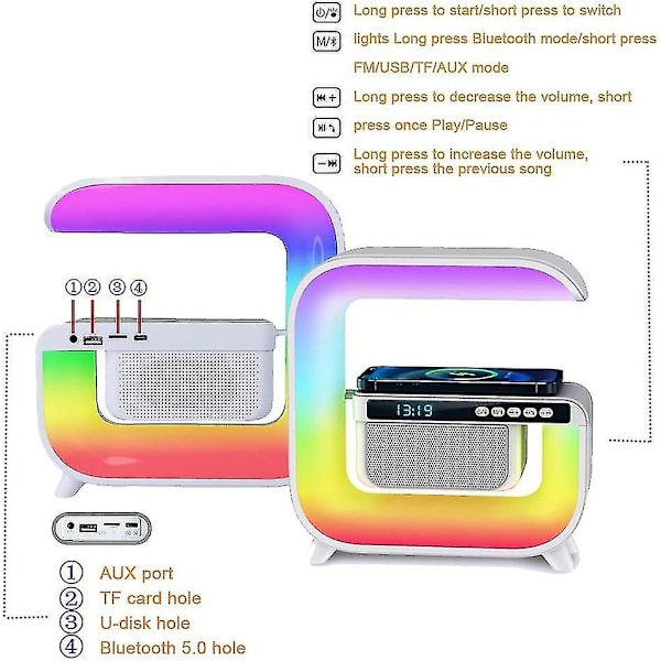 Trådlös Laddningslampa, 7 Färgväxlande Bluetooth-högtalare Väckarklocka med Ljus, RGB Bordlampa med Bluetooth-högtalare