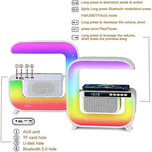 Trådløs Opladningslampe, 7 Skiftende Bluetooth Højttaler Vækkeur Med Lys, RGB Bordlampe Med Bluetooth Højttaler