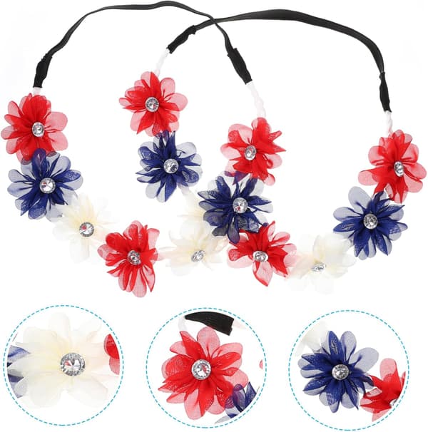 2 stk pannebånd til juli-festdekorasjon, patriotiske blomsterhårbånd