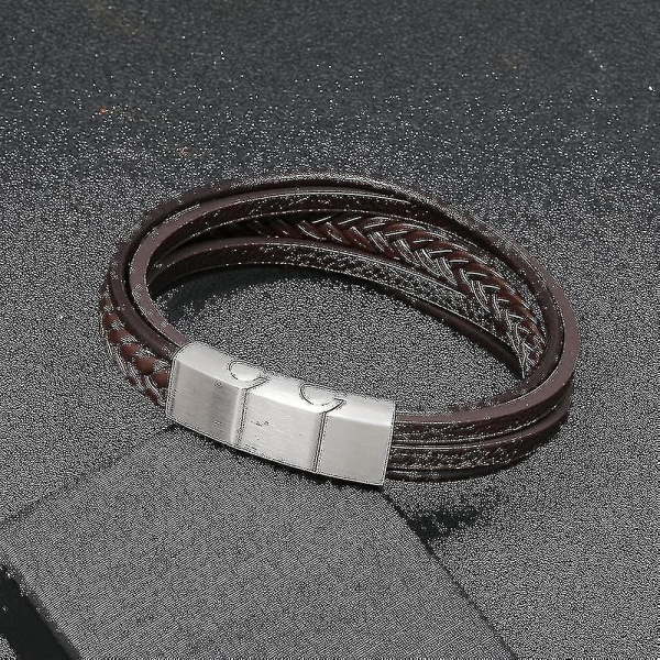 Läderarmband för män, justerbart med magnetiskt spänne, ko-läder, flerskikts