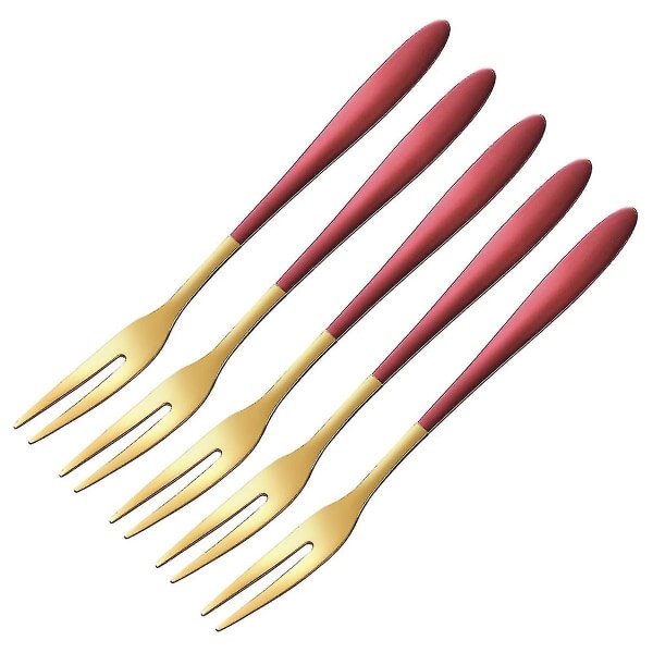 5 Pieces Of 5 Inch Stainless Steel Luxury Exquisite Fruit Fork Dessert Fork Two Tooth Fork Red Gold