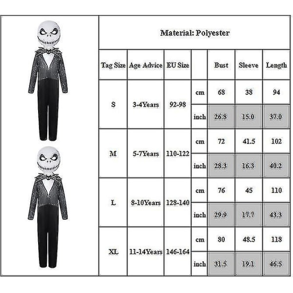 Skellington Kids Jumpsuit Masquerade Drenge Piger Fancy Up Performance Kostume 3-4 Years