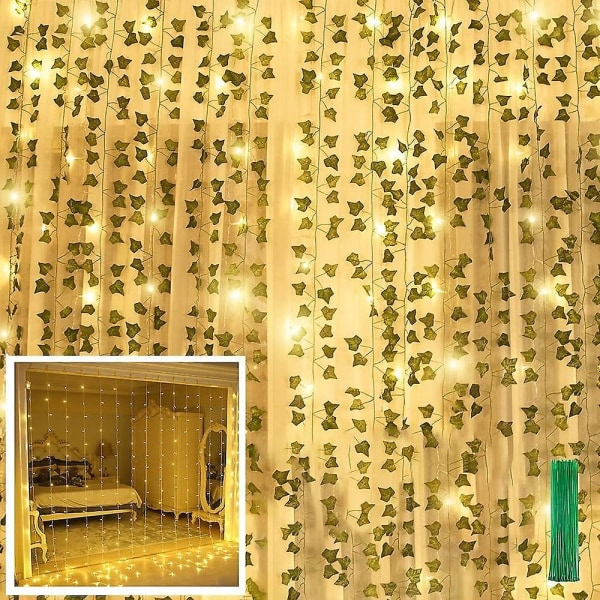 12 pakke kunstige efeubladplanter 240 led vinduesgardinstreng