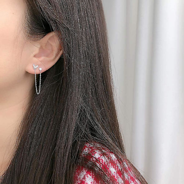 Dubbla hål Halo Cz Små Stud Cuff Wrap Tassel Chain Crawler Climer Hängande Örhängen för Kvinnor Tonårsflickor Brosk S925 Silv