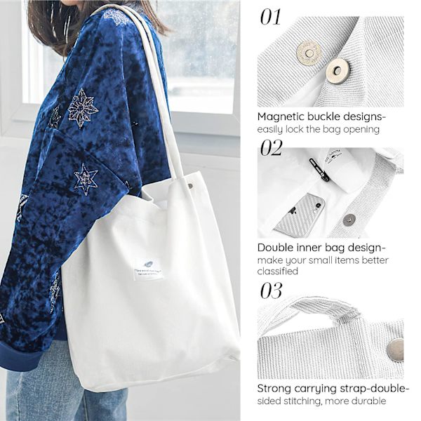 Corduroy Tote Bag, Axelremsväska i Corduroy Stor Kapacitet Casual Handväskor