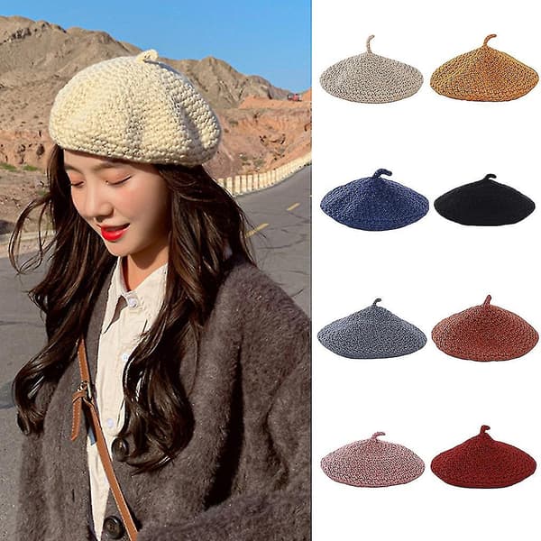 Dame Winter Strikket Beret Hat Solid Farve Chunky Hæklet Maler Beanie Hat