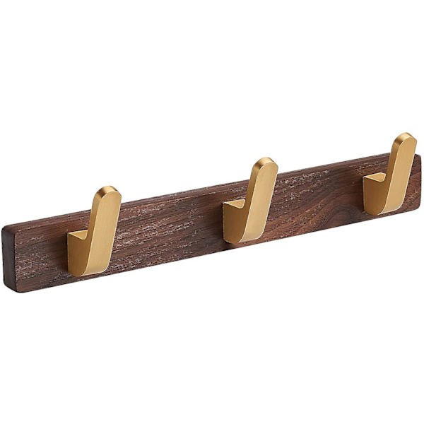 Veggmontert klesstativ, inngangsparti klesstativ, metalltre klesstativ med 3 rustikke kroker skinne for kåpe, skjerf, veske, kopp, hatt, valnøtt gull matt