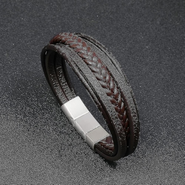 Läderarmband för män, justerbart med magnetiskt spänne, ko-läder, flerskikts