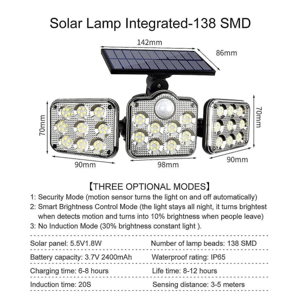 LED Solcelle Vegglampe 3 Hoder Bevegelsessensor Lys