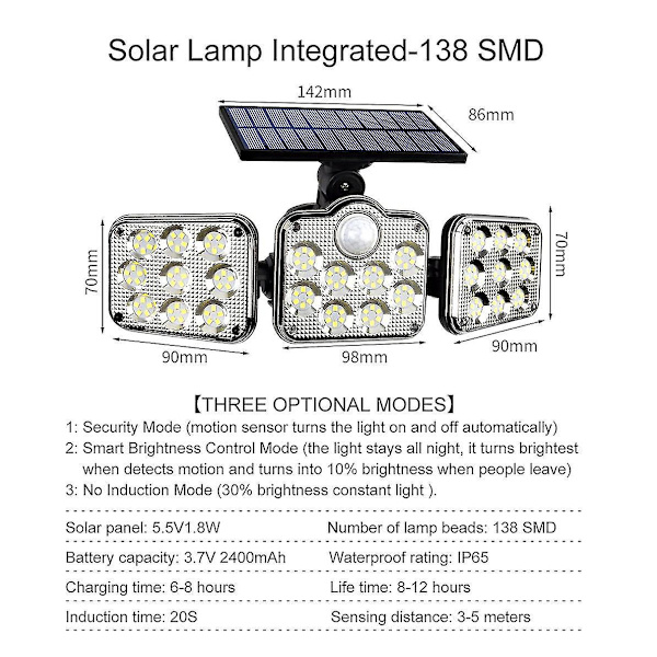LED Solcellslampa för Vägg 3 Huvuden Rörelsesensor